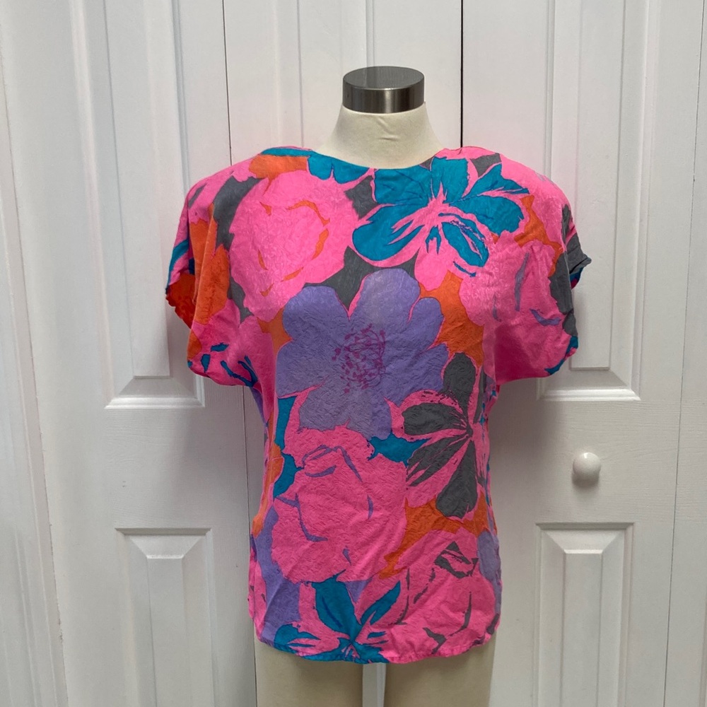 Vintage 80s shirt,  Floral Pink and Blue Top 
Neon 80s top